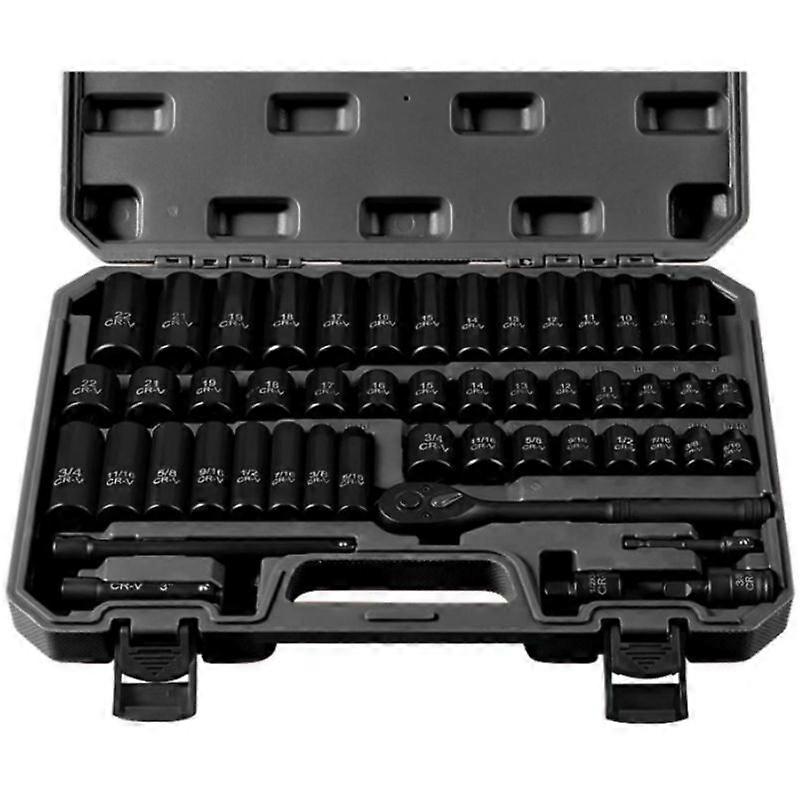 3/8" Drive Impact Socket Set 50-Piece, SAE (5/16-3/4) & Metric (8-22mm), Deep & Shallow with 3/8-Inch Ratchet Handle, 6 Points, Cr-V, Extension Bars, 