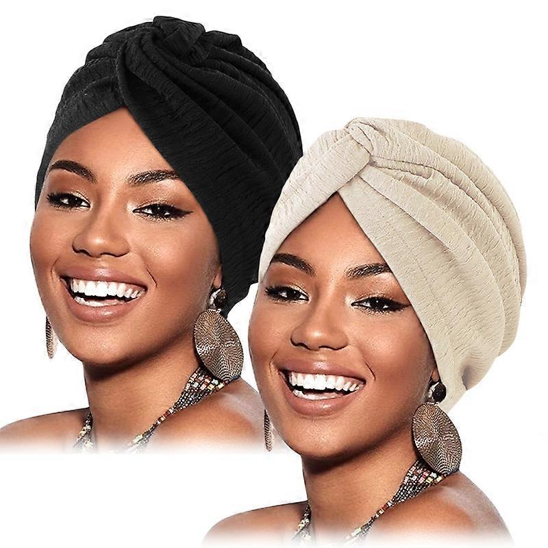 Turban pliss�� �� n?ud torsad�� pour femmes, 2 pi��ces/lot, casquette de chimio ��lastique, Bonnet Hijab, couvre-chef, chapeau pour perte de chev