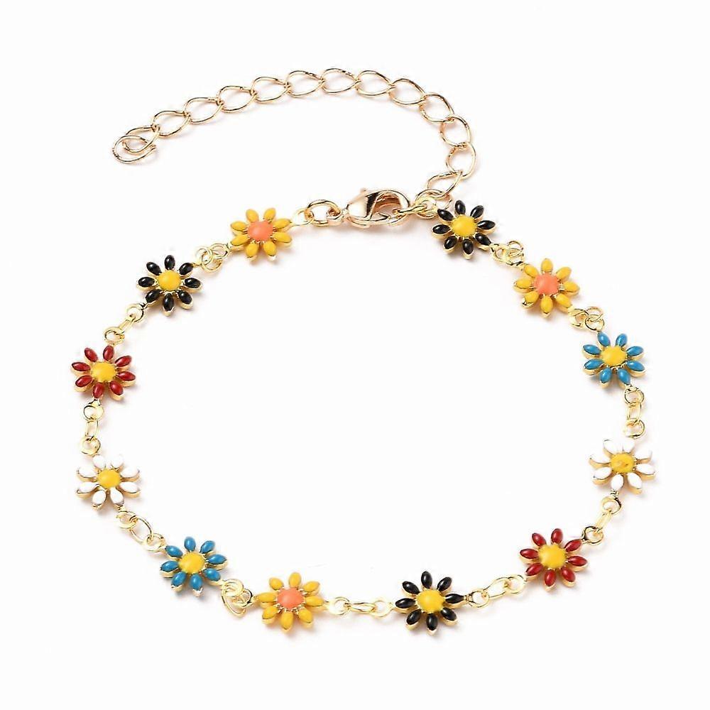 Golden Brass Flower Enamel Links Bracelets with Brass Curb Chains Lobster Claw Clasps Colorful 7-1/4 inch(18.5cm)