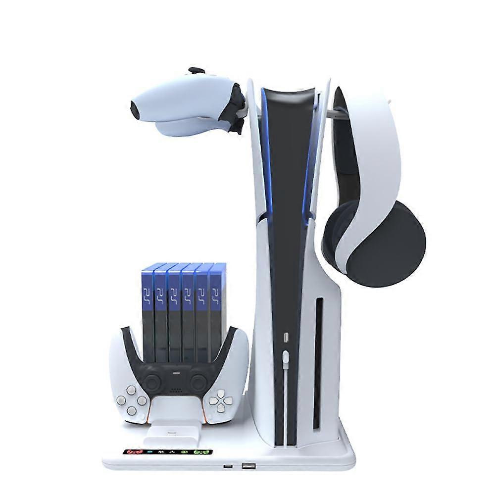 Cooling Stand with Dual Controller Charging, Game Disc Storage and Headset Holders for PS5 Slim