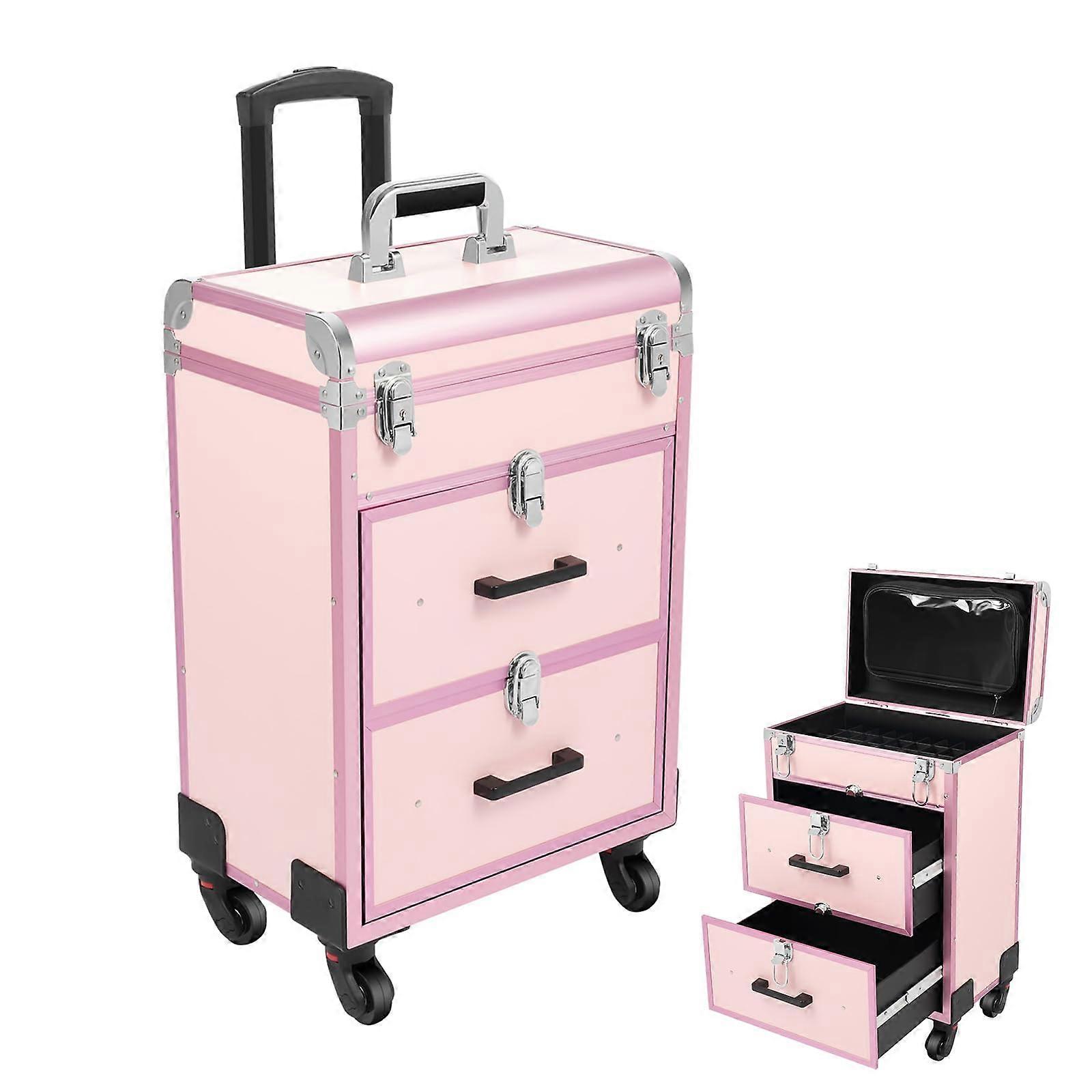 Rolling Makeup Train Case with 2 Drawers, Professional Nail Trolley on Wheels, Large Capacity Pink