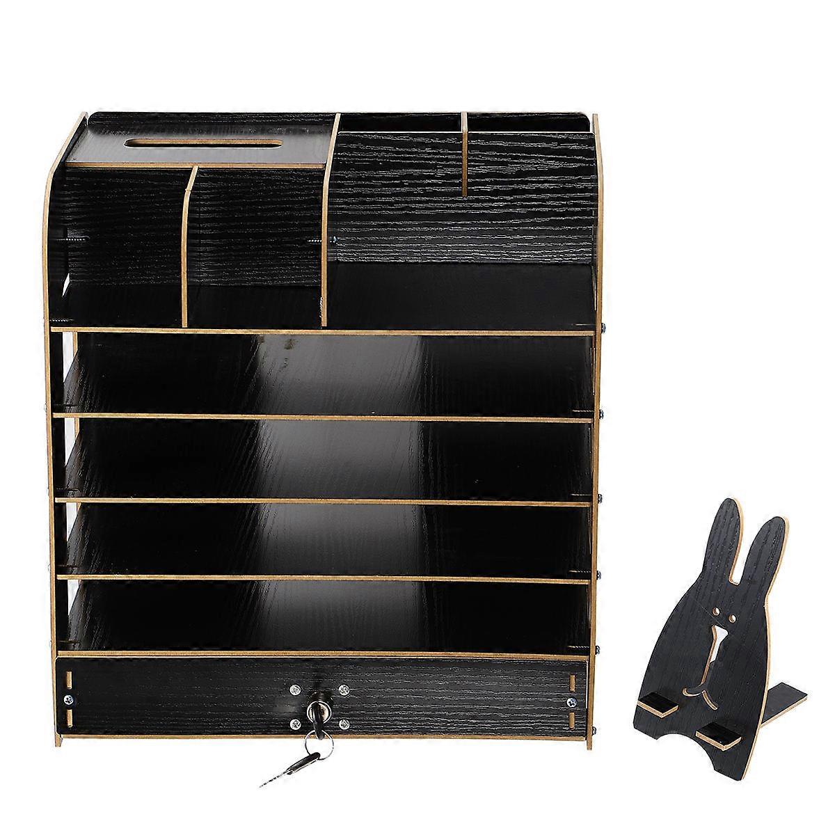 Black Wooden Desktop Storage Box for Storage Use 2Pcs Multi-Layer Finishing Rack