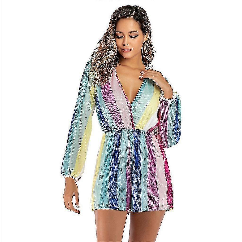 Women's Multicolor Striped Sequin Short Rompers Jumpsuits