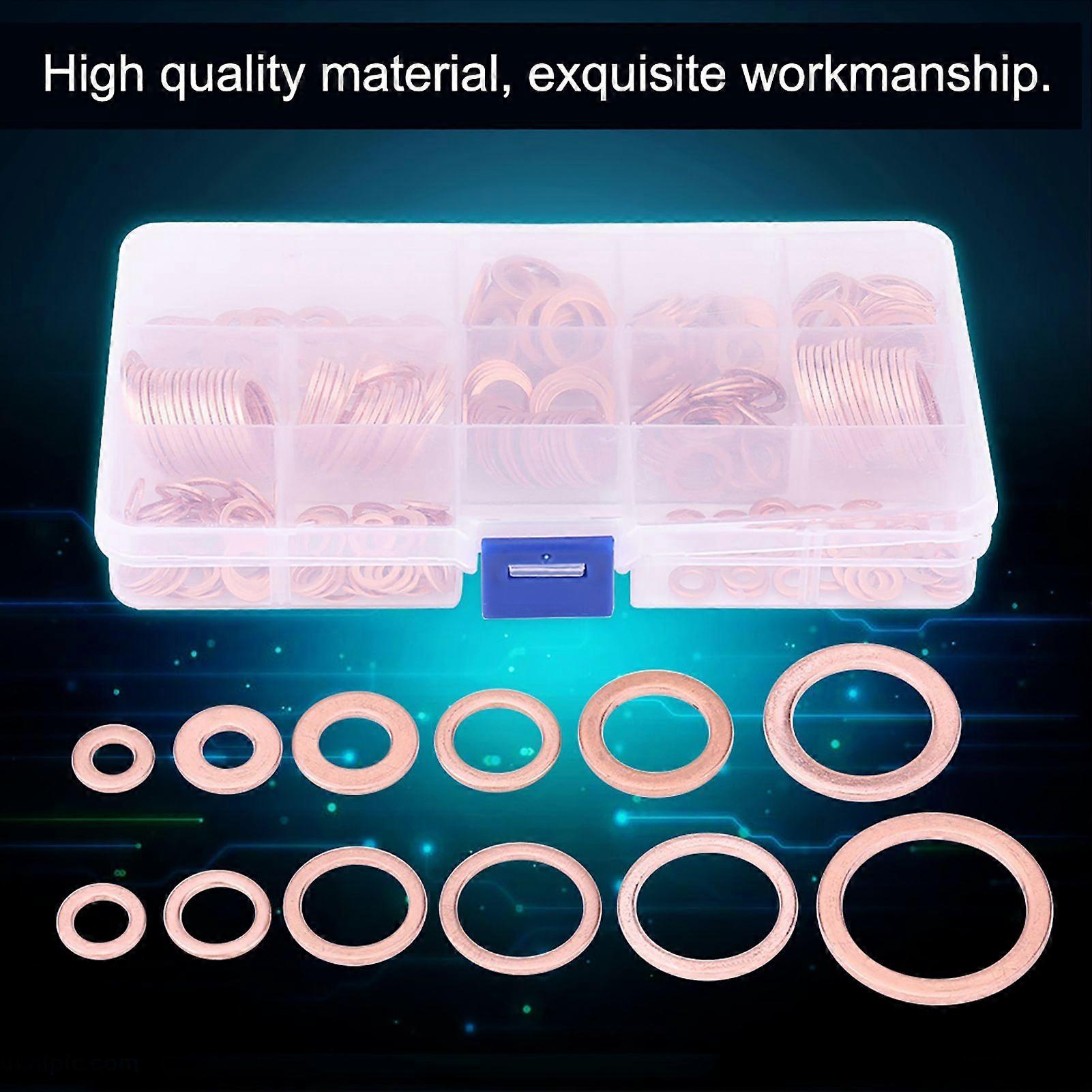 280pcs 12 Sizes Assorted Solid Copper Crush Washers Seal Flat Rings Kit W/ Storage Box