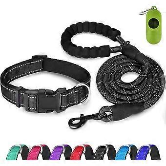 Reflective Dog Collar and Leash Set, Adjustable Pet Collar with Soft Neoprene Padded for Small Medium Large Dogs, Climbing Rope, Black, L
