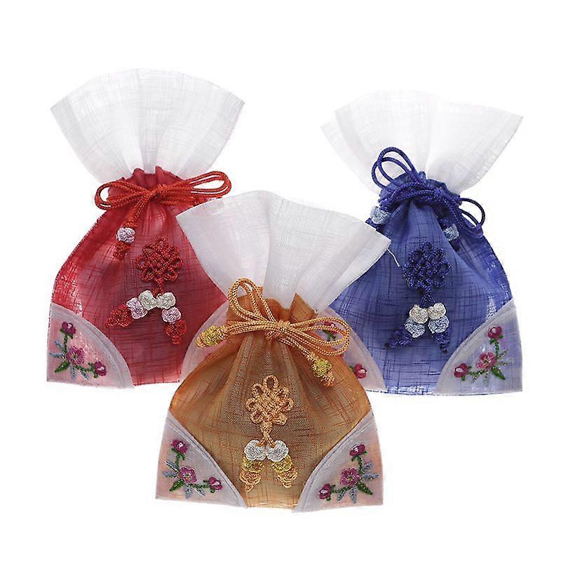 Korean Embroidered Mesh Drawstring Gift Bag 3Pcs