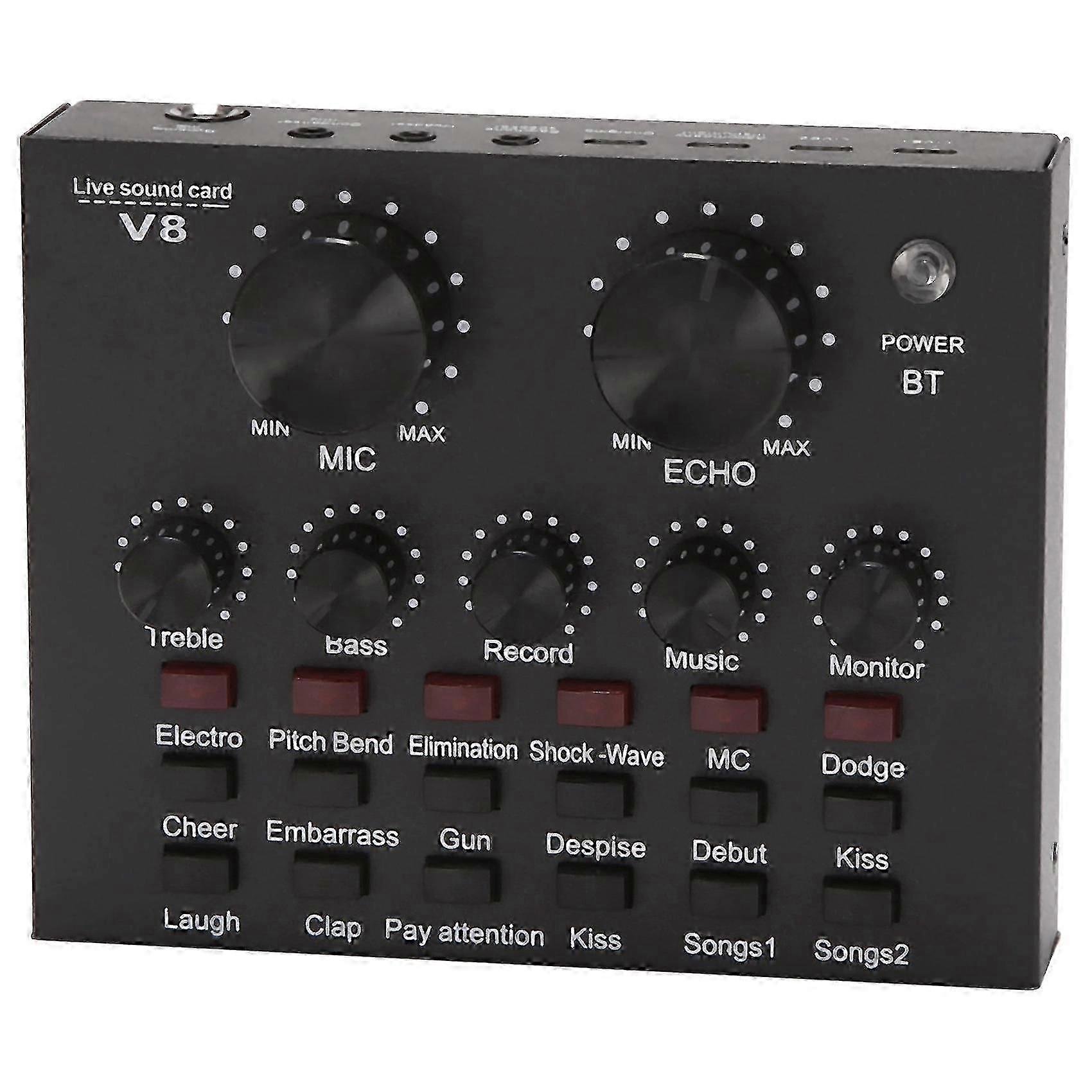 Conjunto de placa de som externa V8 com USB e Bluetooth para PC, celular, canto e gravação.