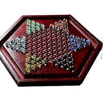 Portable Hexagonal Chinese Checkers Wooden Board Game Set with Marble Slot Storage for Up to 6 Players
