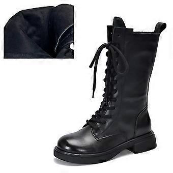 Botas Johnature de piel auténtica hasta la pantorrilla, botas de algodón afelpado, botas de mujer con cordones estilo británico.