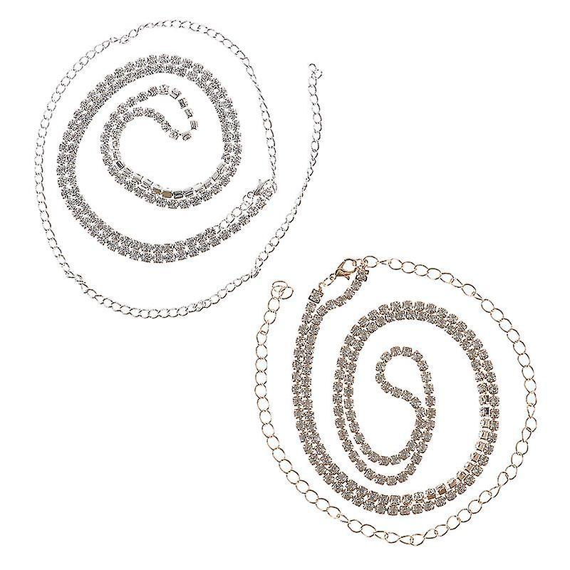75X0.4cm Female Sashes 2pcs Elegant Rhinestone Waist Belt Chic Sexy Body Chain For Women Golden Silv