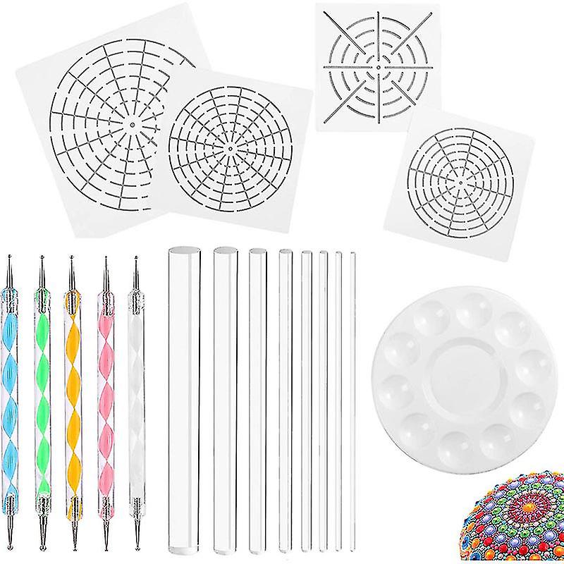 Mandala Art Dotting Tools 18 Set Including 4 Mandala Stencils, 8 Acrylic Rods, Paint Tray, 5 Double