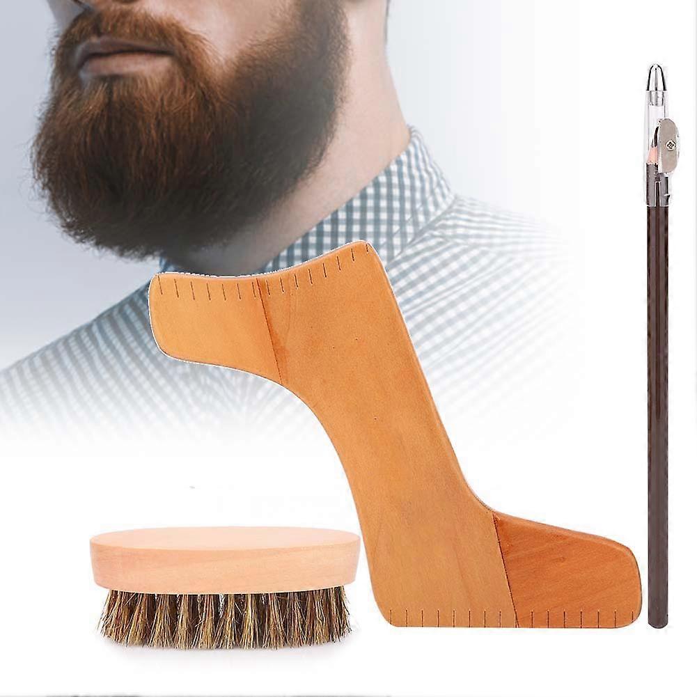A Set New Natural Wood Beard Brush Men Beard Shaping Tools Kit Mustache Styling Template Styling Pen Grooming Shaving Brush