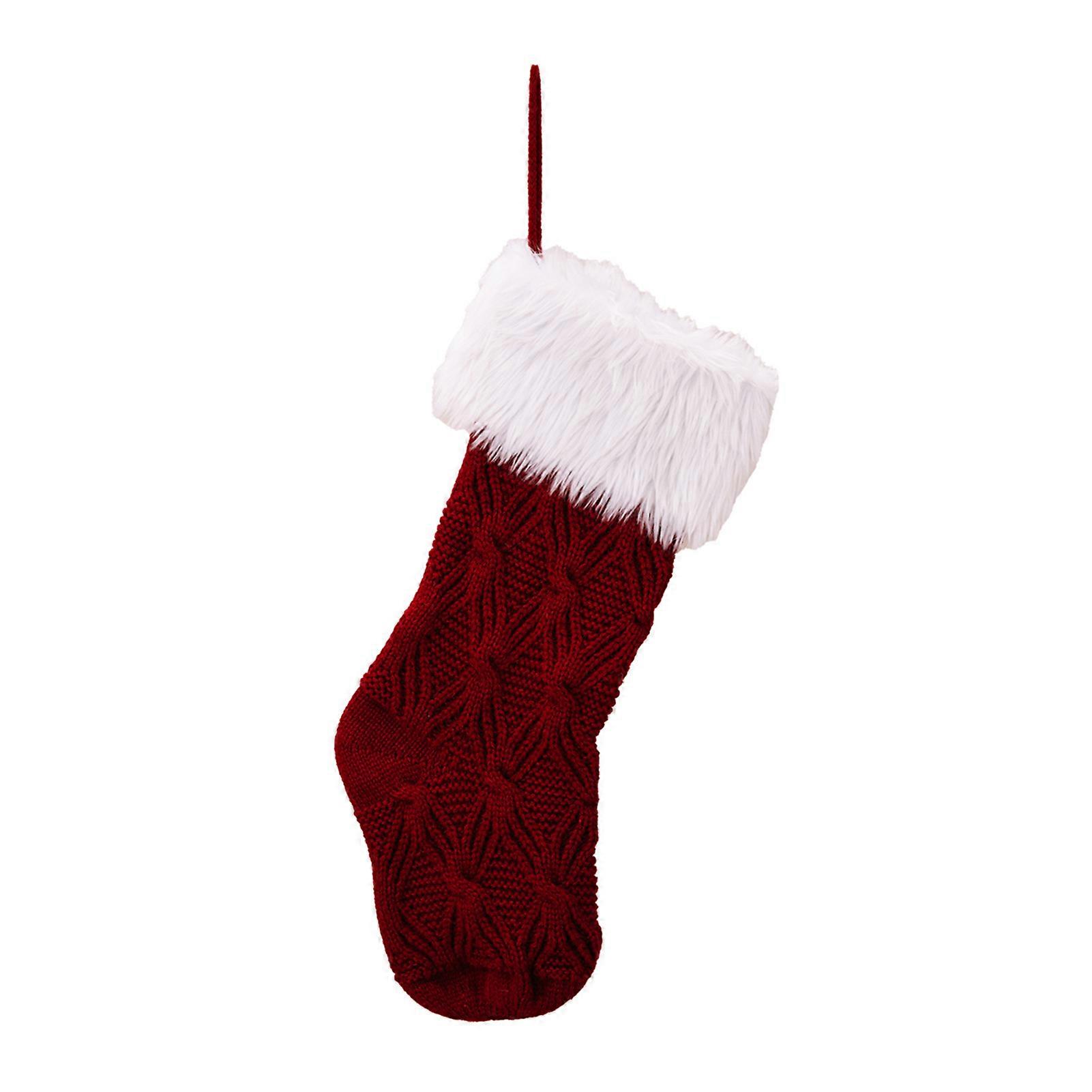 1Pc Christmas Knitted Stocking White Plush Handmade Reusable Xmas Tree Hanging Gift Bag Sock Pendant Holiday Party Decoration Festival Gift