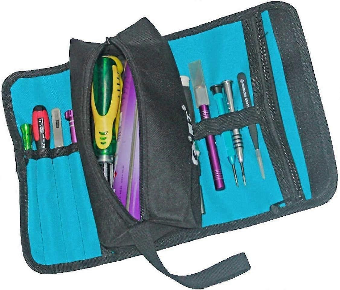 Foldable Professional Electrician Tool Storage Holder, Roll Bag with Zip Compartments (Black)
