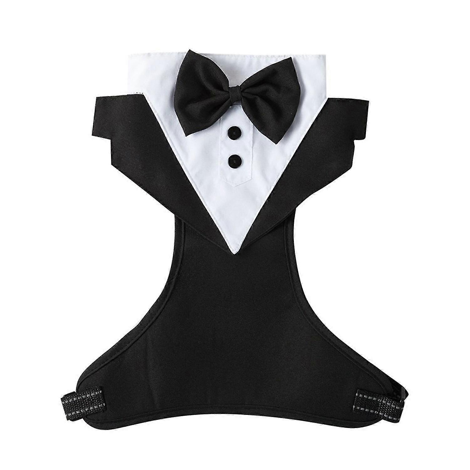 Formal Dog Wedding Suit with Leash Ring Fastener Tape Buckle Closure Black Bow-tie Breathable Chest