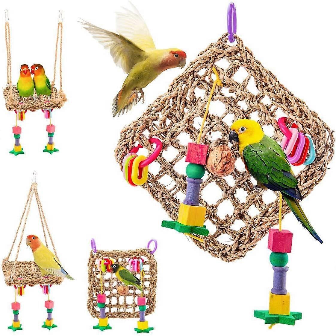 Braided Straw Rope Net Hammock Ladder Bird Fodder Toy with Hanging Hook, Edible Natural Straw Woven Mat for Parrot 18 x 18cm