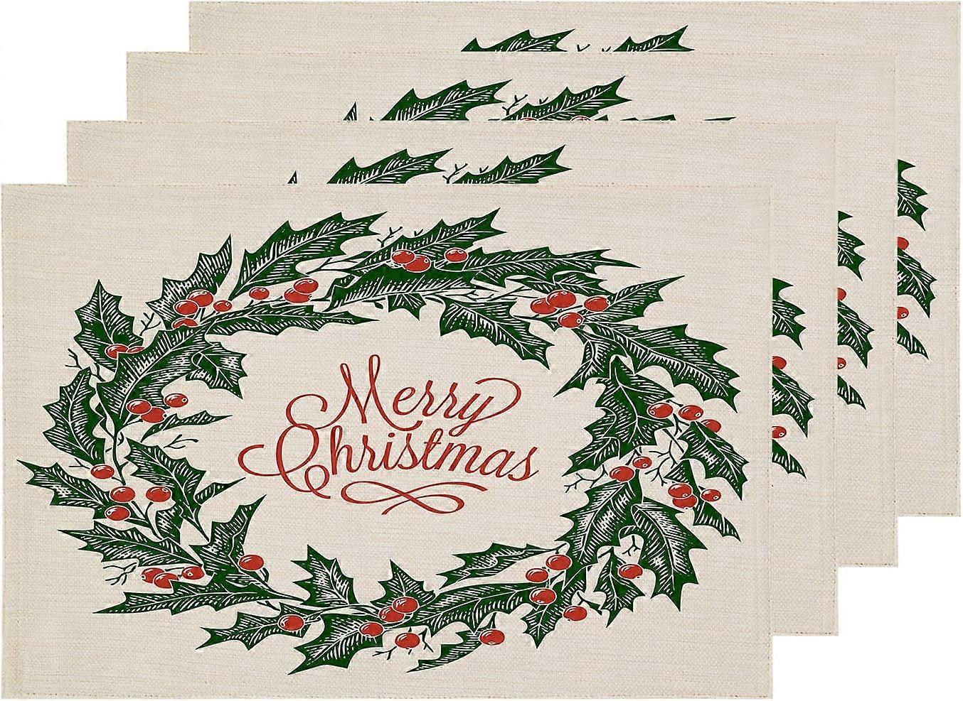 Vert Festival Père Noël Sets de table, pin Table Mat Lin Toile de jute Isolation thermique lavable à double étage pour table à manger Table de cuisine Ensemble de 4 (12 x 18 pouces