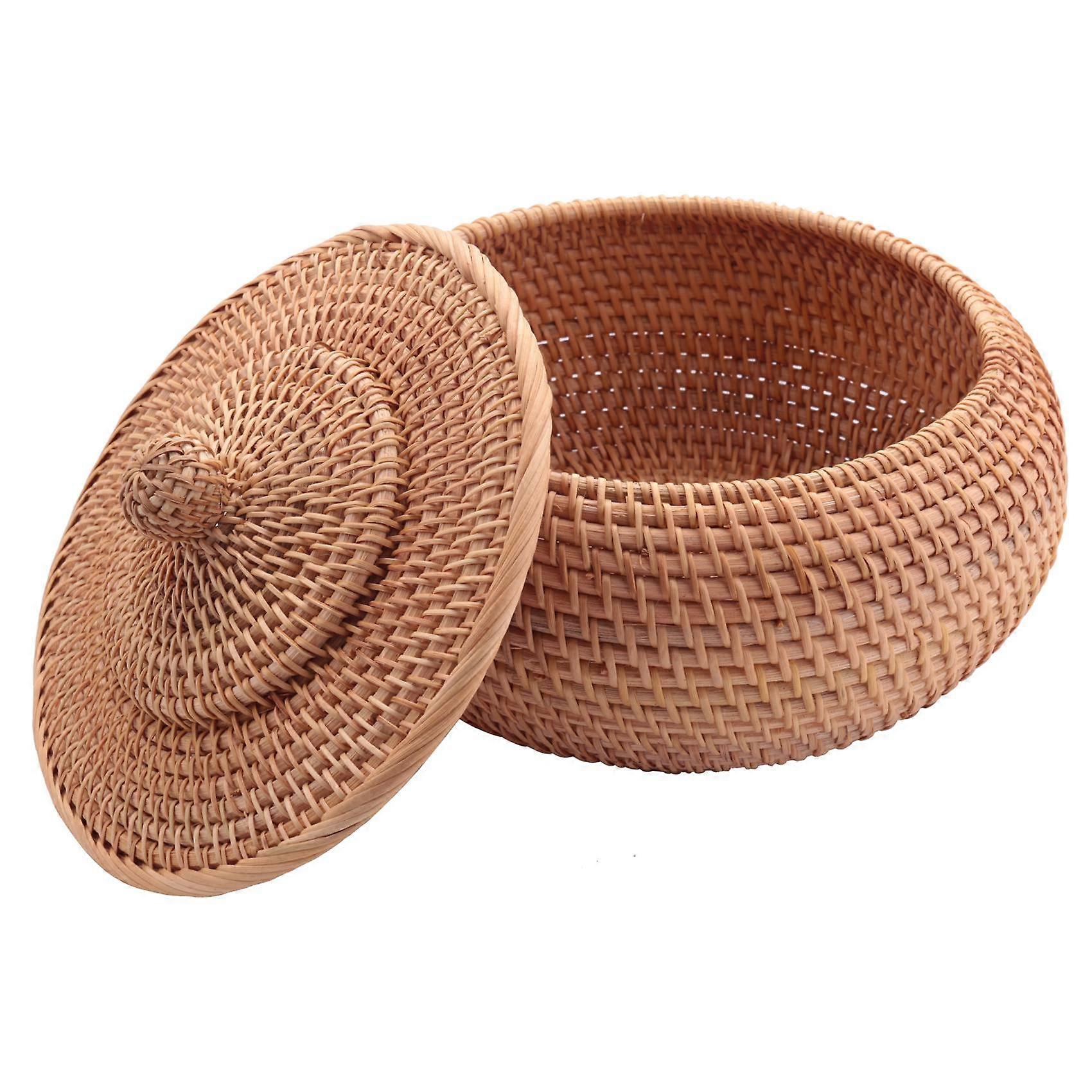 Round Rattan Box,Wicker Fruit Basket with Lid Bread Basket Tray Storage Basket Willow Woven Basket