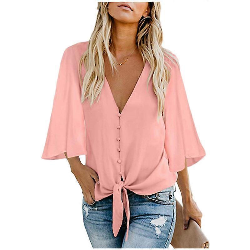 Tops com decote em V para mulheres com babados e mangas 3/4