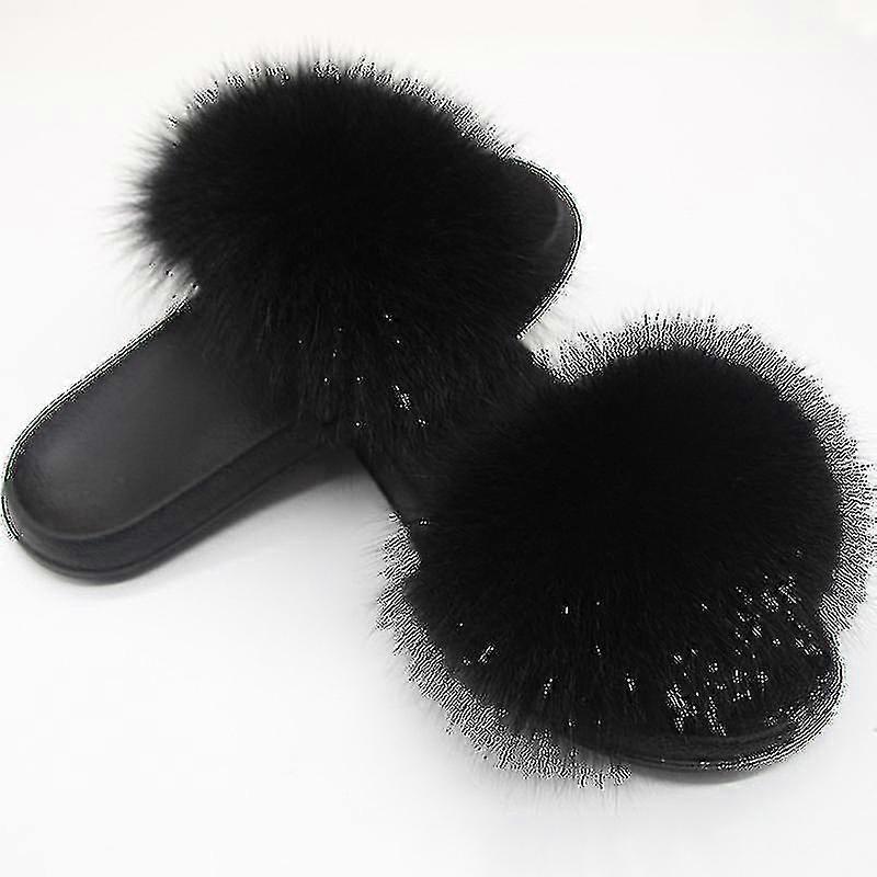 Fox Fur Slides For Women - Comfort Open Toe Fur Slippers Indoor Outdoor