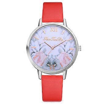 Moda Simples Flor Padrão Mostrador Redondo Ajustável PU Strap Quartz Relógio Analógico FD158 (Vermelho)