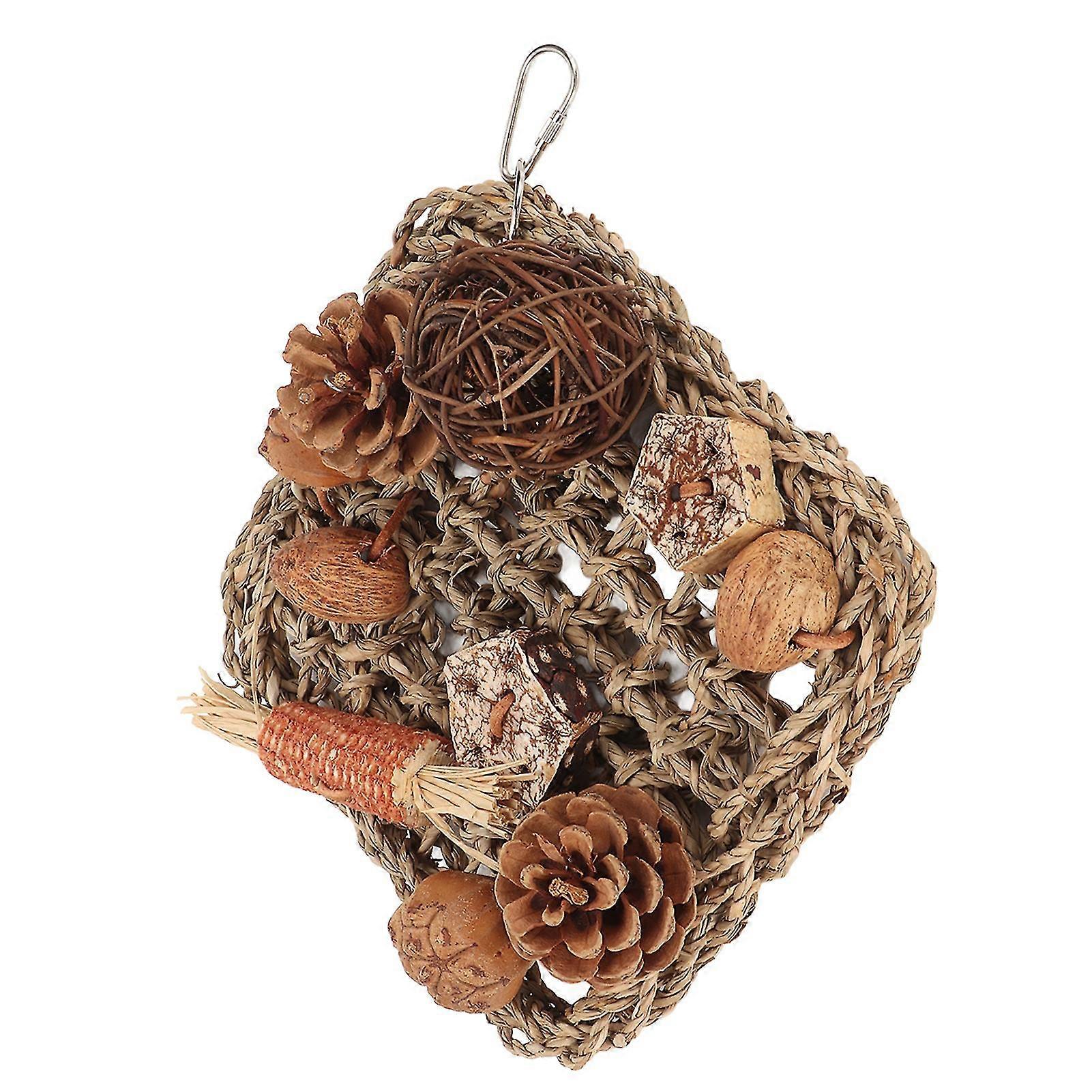 Parrot Climbing Net Straw Play Gadget with Pine Cones, Nuts, Rattan Balls, Corn Cobs for Small Birds and Parrots
