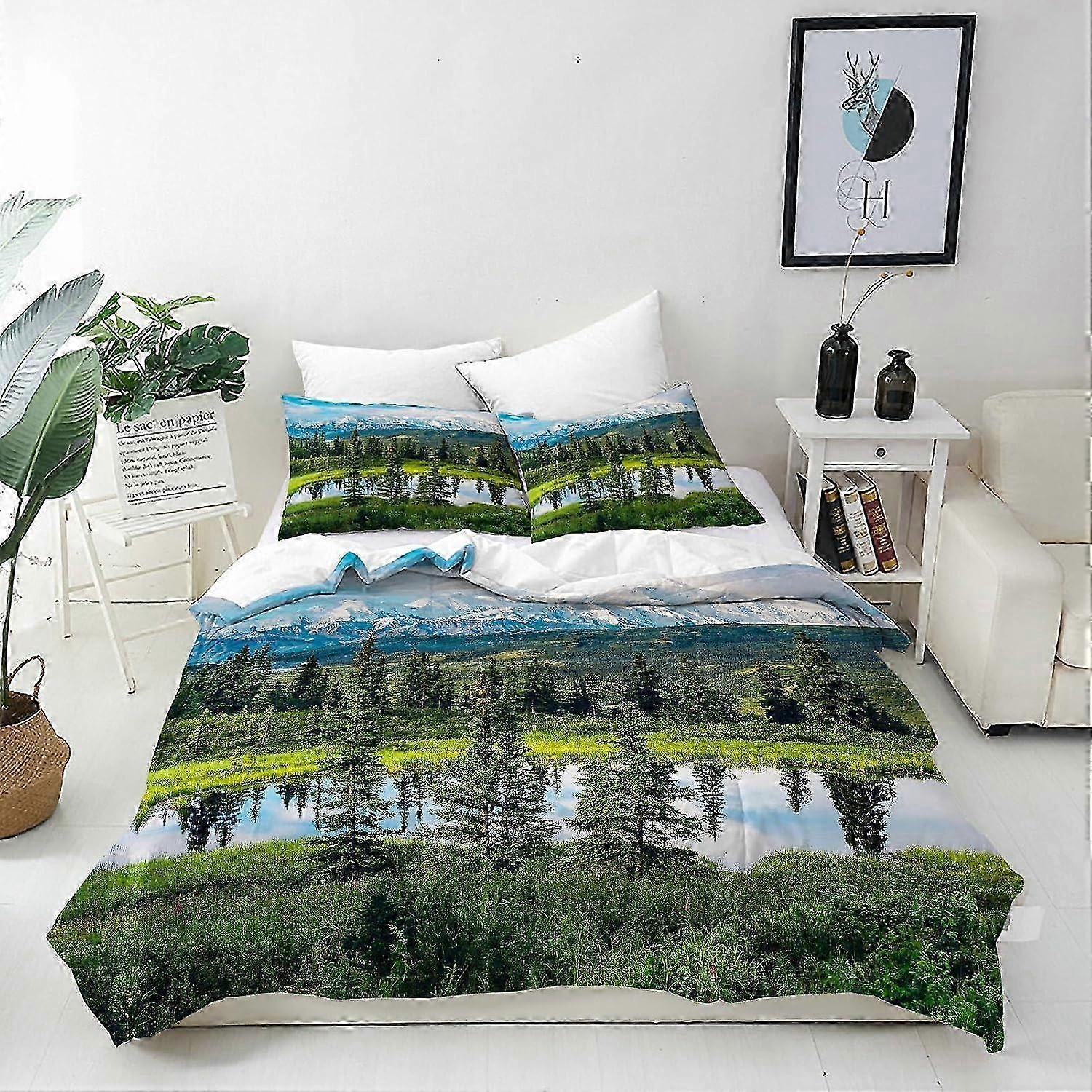 J514 Bed Sheets Landscape Duvet Cover Set Soft Lightweight Microfibre 3 Piece Bedding Set with 2 Pillowcase Nature Scenery Forest Lake Print Pattern A