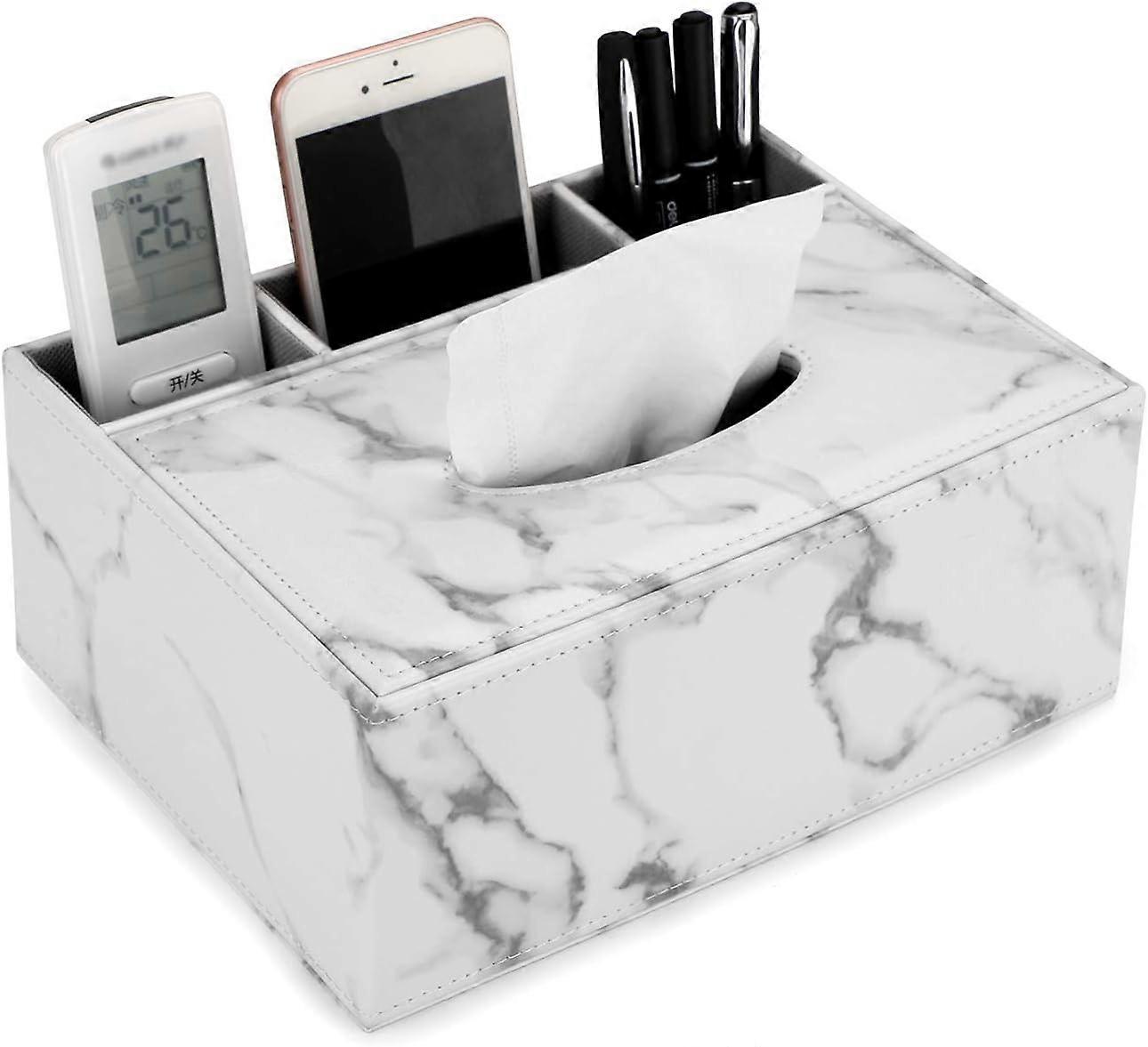 Rectangular Faux Leather Tissue Box with Remote Control (White Marble)