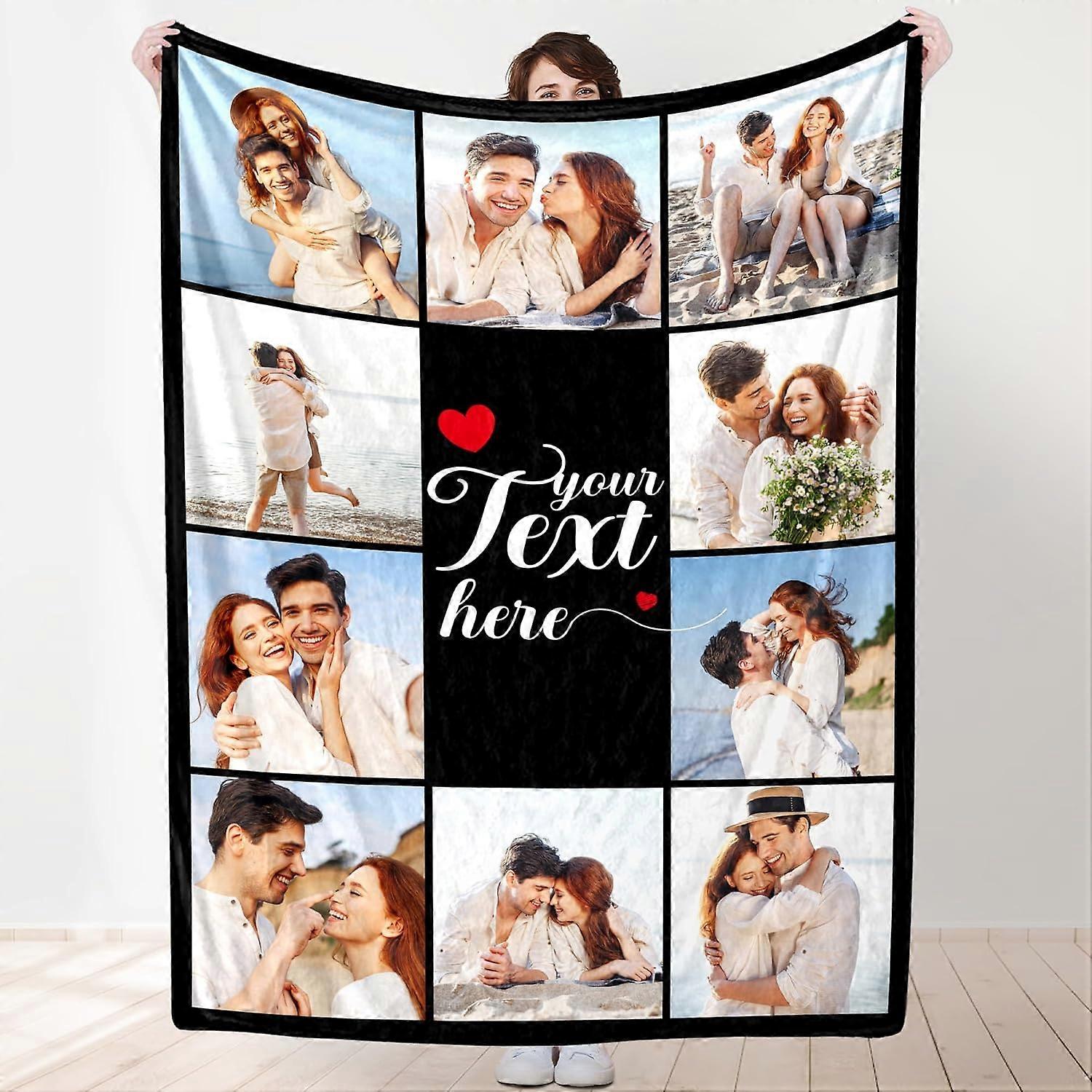 Custom Photo Blanket Personalized Gifts with Photo Text, Made in USA, Customized Blankets with Own Pictures Present for Dad Mom Couple Friend for Chri