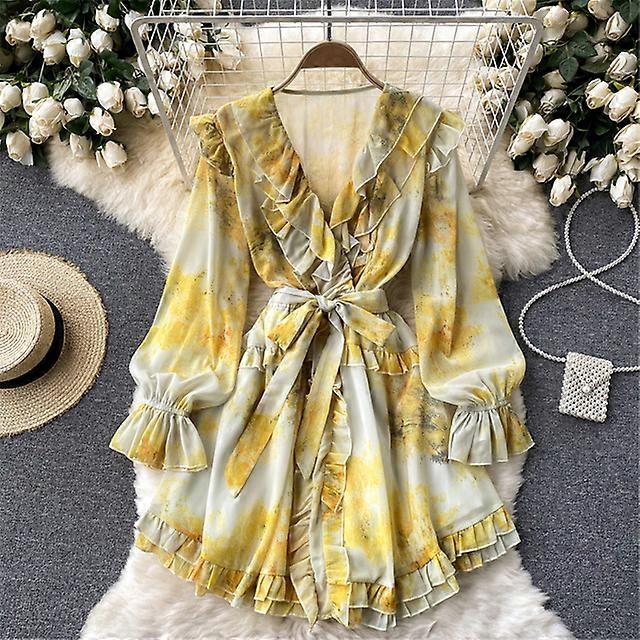 Höst Blommig Chiffong Strandklänning Kvinnor V-hals Långärmad Midi Klänningar Elegant Tryckt Semester Vestidos Robe Kvinnliga Kläder-Gul, En Storlek