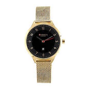Casual Waterproof Date Stencil Strap Quartz Movement Women Wristwatch(Gold+Black)