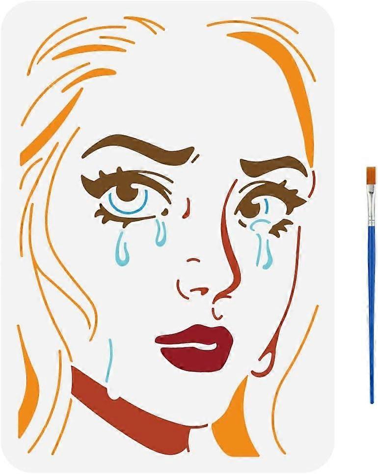 Woman in Tears Painting Stencil 8.3x11.7inch Woman Portrait Stencil with 1 Pc Plastic Paint Brush Woman Face Pattern Template for Painting on Wall Woo