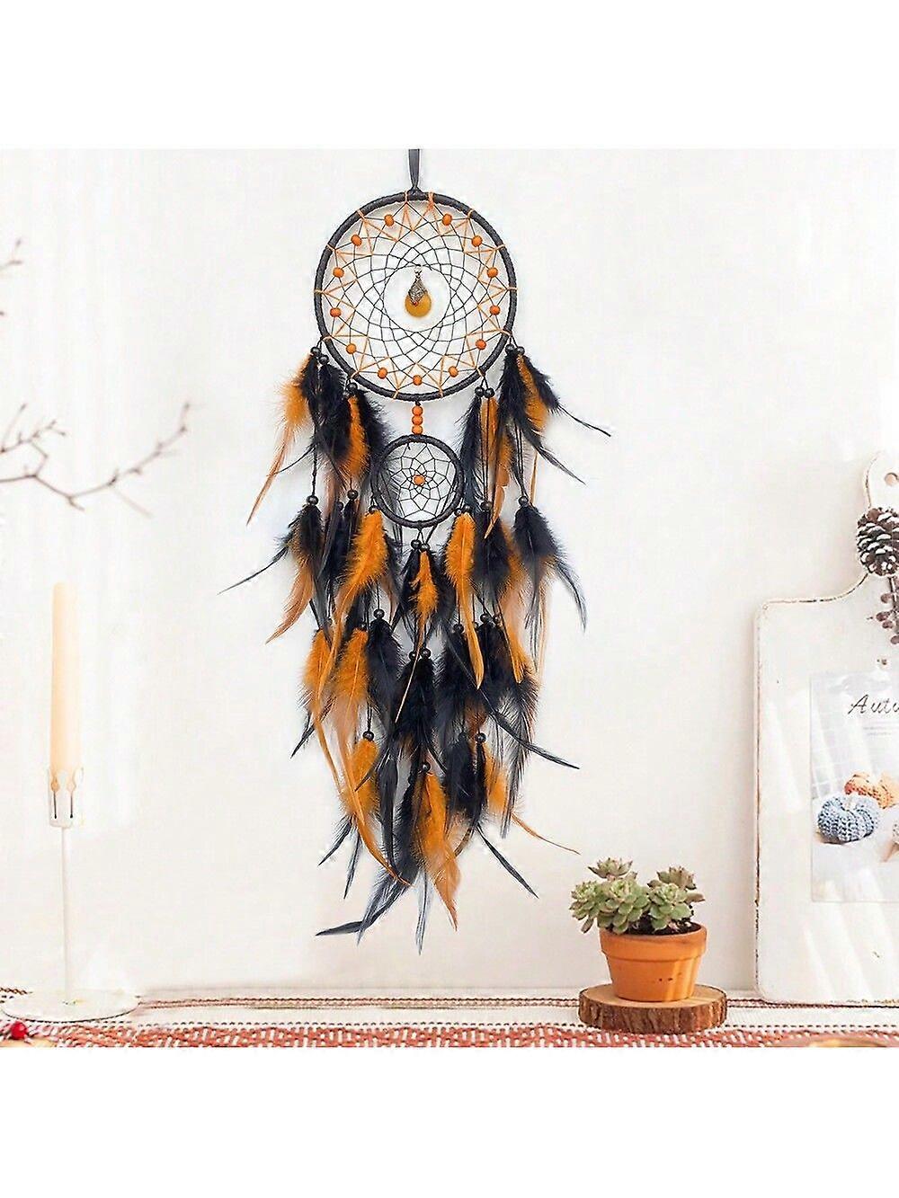 1 قطعة الماسك الحلم اليدوي مع حلقة مزدوجة قطرة الماء ، أحجار الكريستال ، الريش ، ديكور معلق على الحائط لغرفة المعيشة