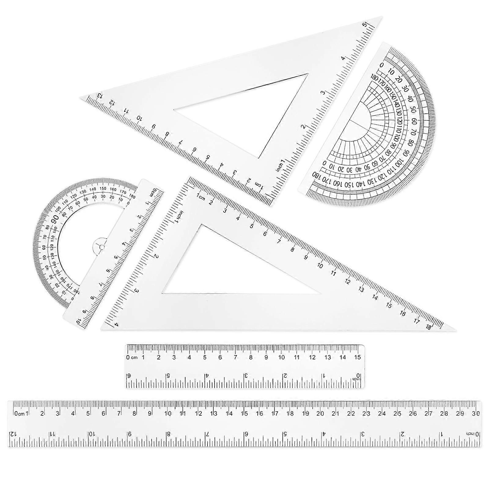 6-piece ruler set, protractor, triangle, 12" and 6" rulers