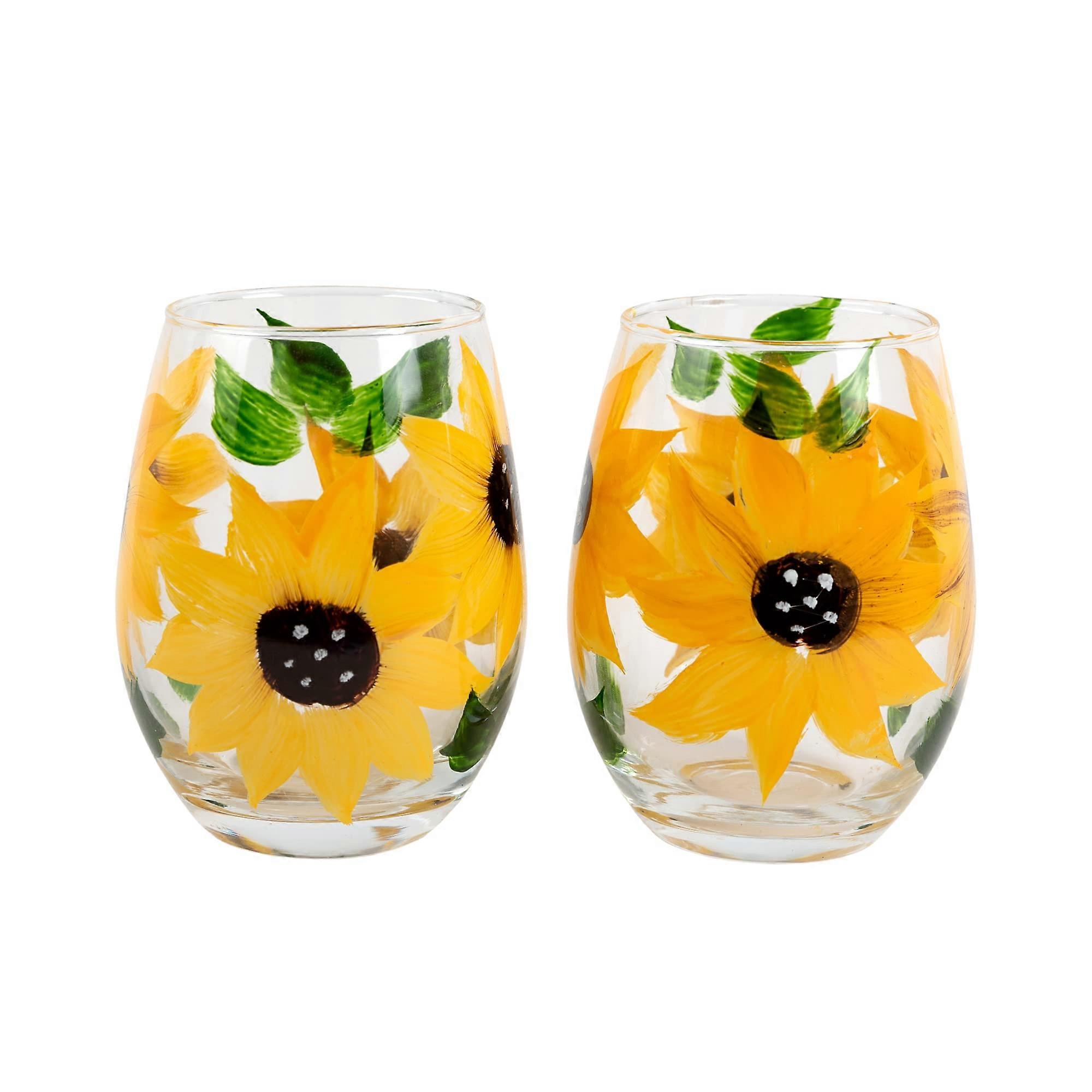 Hand-painted sunflower stemless glass set, rustic design