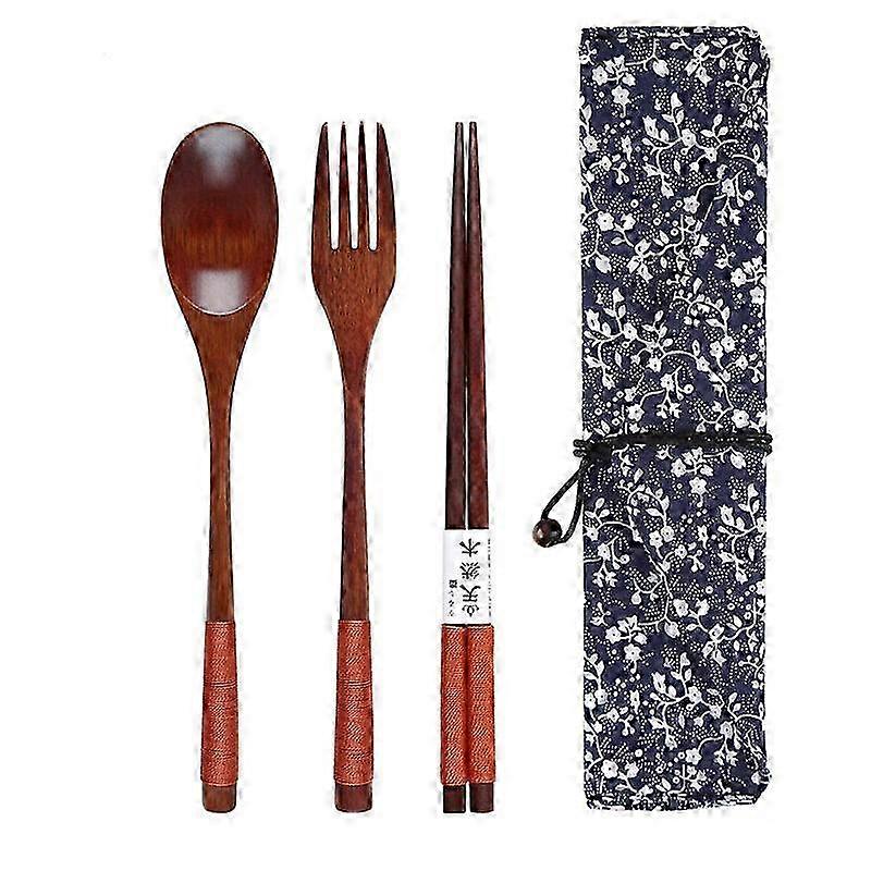 Tableware Set, Wooden Spoon, Fork and Chopsticks with Floral - Patterned Fabric Pouch