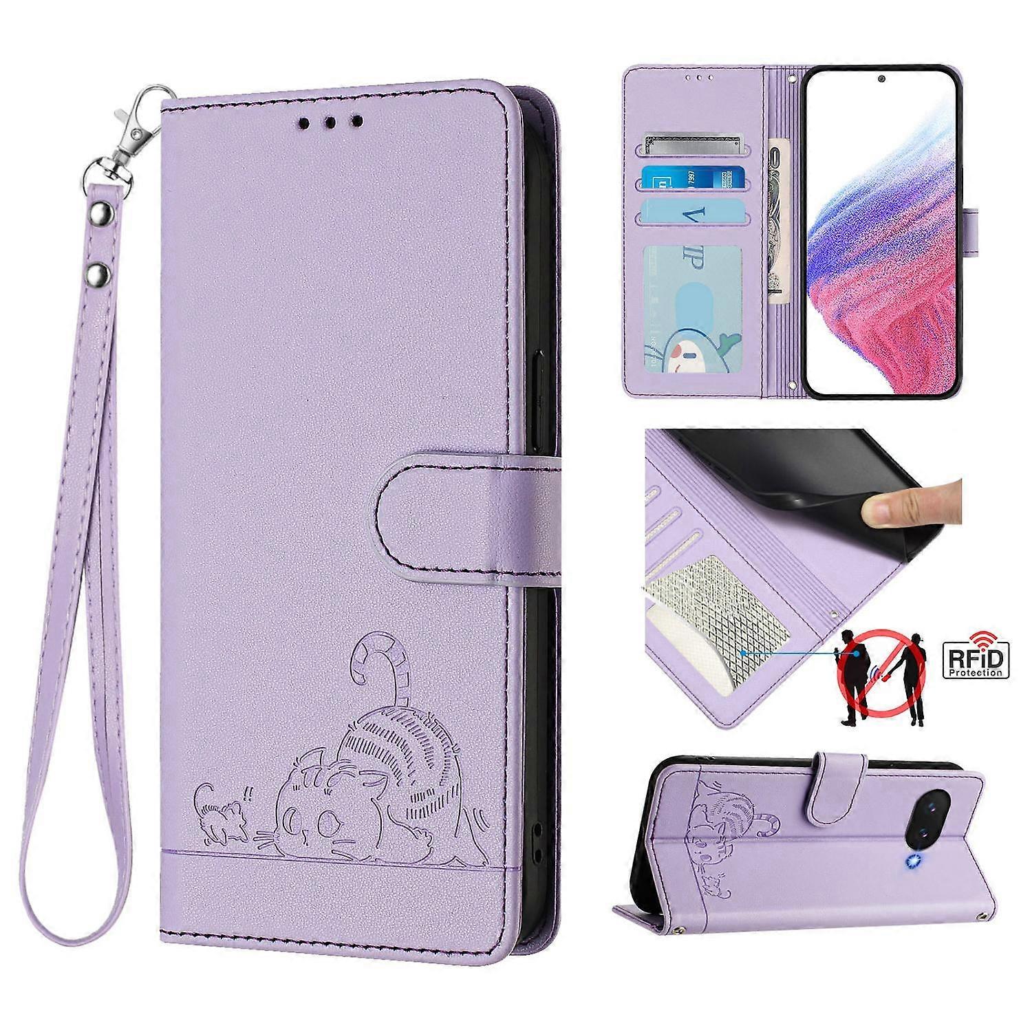 For Google Pixel 9a Case with Strap RFID Blocking Leather Wallet Phone Cover Cat Mouse Pattern