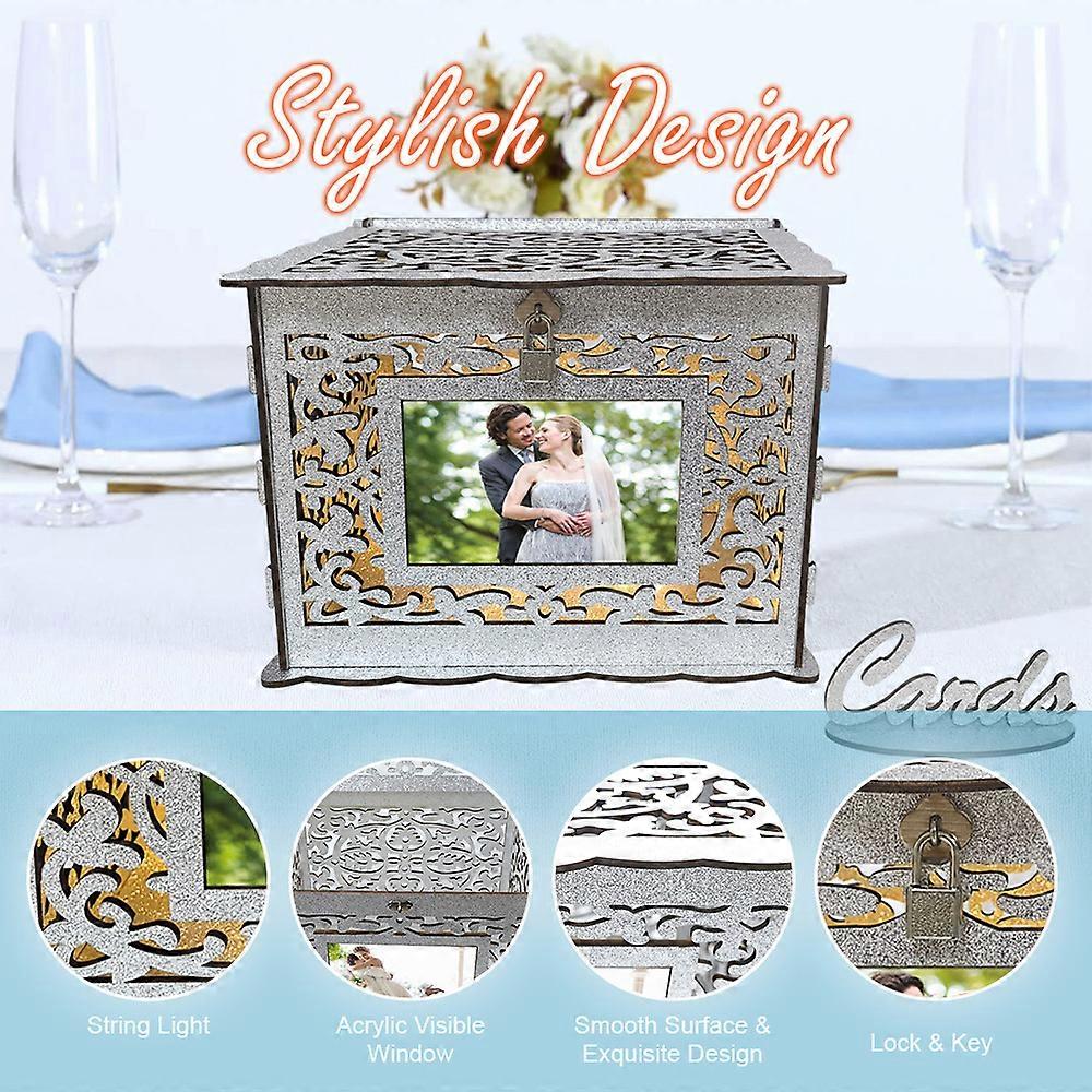 Wedding Card Box for Wedding Reception Glittery Wooden Card Boxes with Card Sign / Lock and String Light Gift Card Box Money Holder for Reception Ann