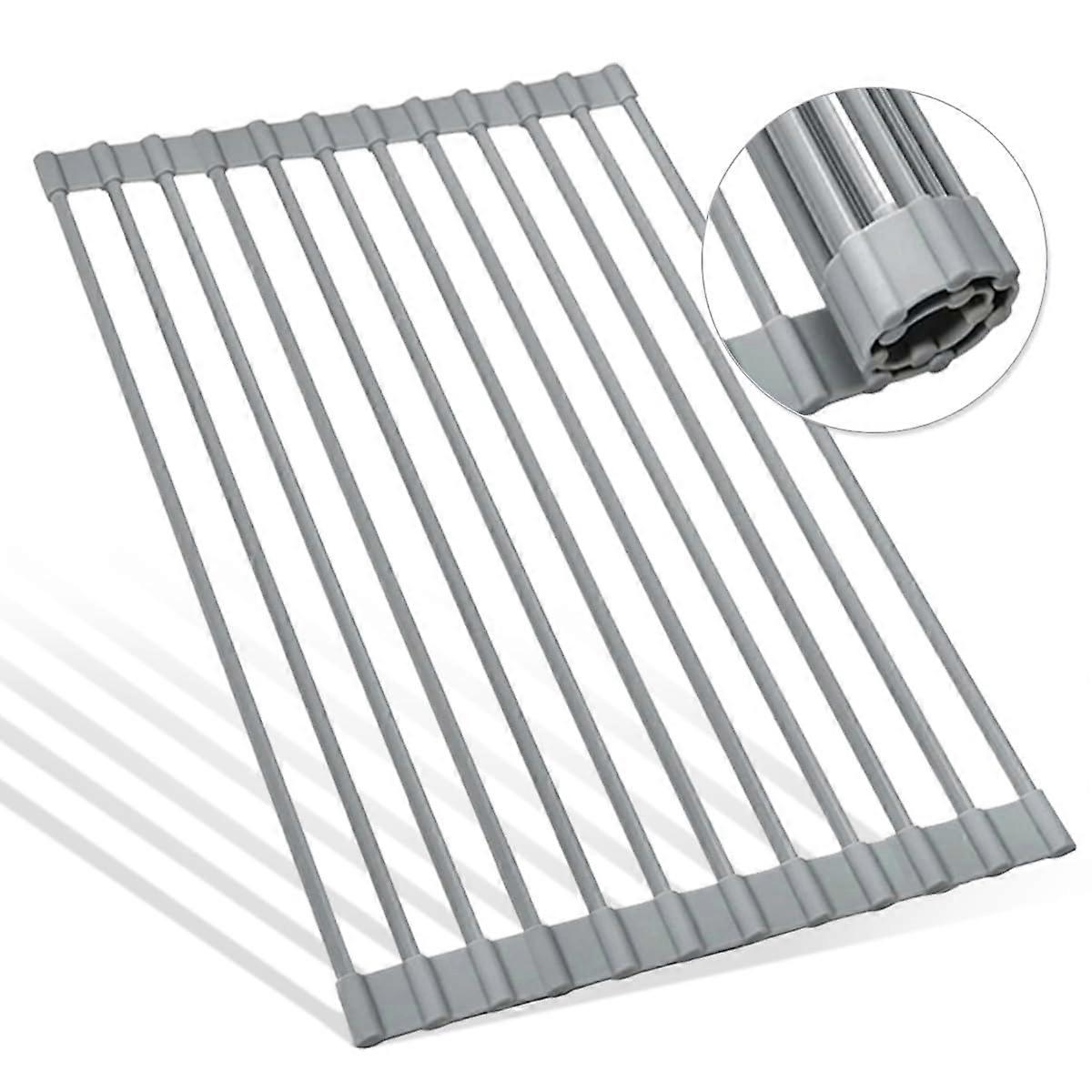 Made in USA 21.5" x 13" Roll Up Dish Drying Rack, Expandable Heat-Resistant Non-Slip Kitchen Counter Mat (Grey)