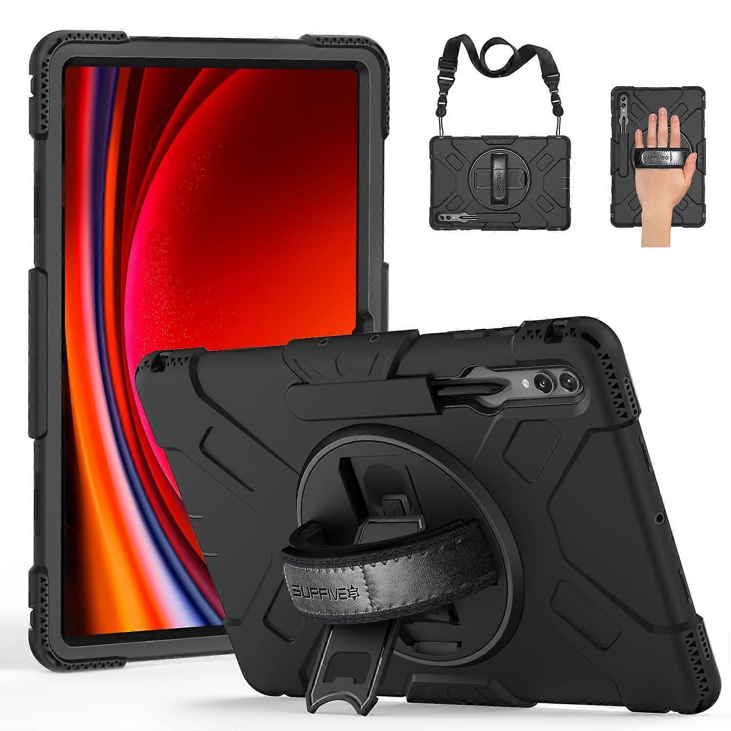 Galaxy Tab S10 Ultra Case 14.6In 2024 S9 Ultra Military Silicone 3-Layer Protection With Handle PenHolder Strap Black