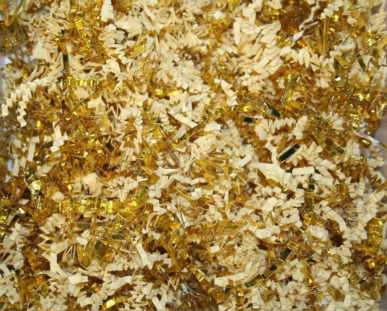 2 Pounds Paper Crinkle Shred with Metallic Gold Trim for Gift Box Basket Filler French Vanilla Color for Crafts Decor