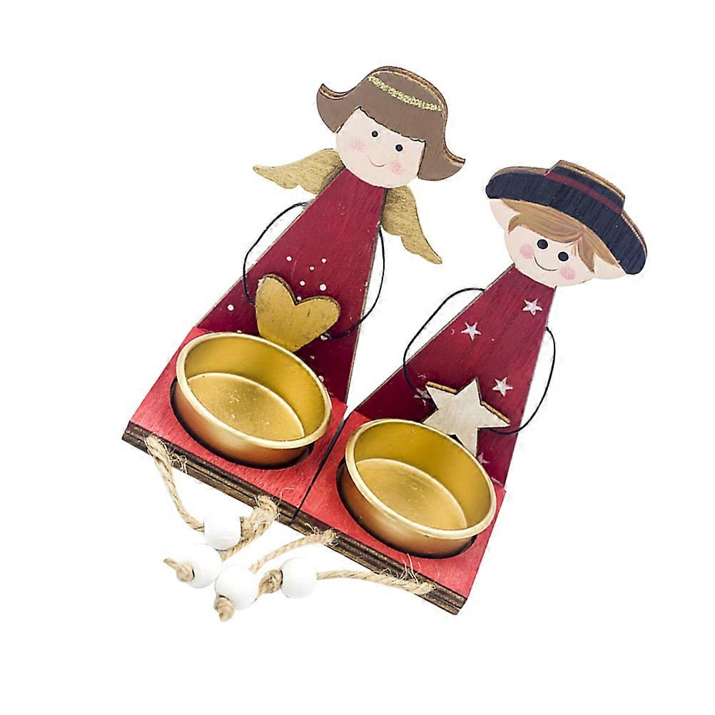 Candles Holders Decor Christmas Wooden Candlestick Angel Shape with Metal Cup for Desktop 2Set