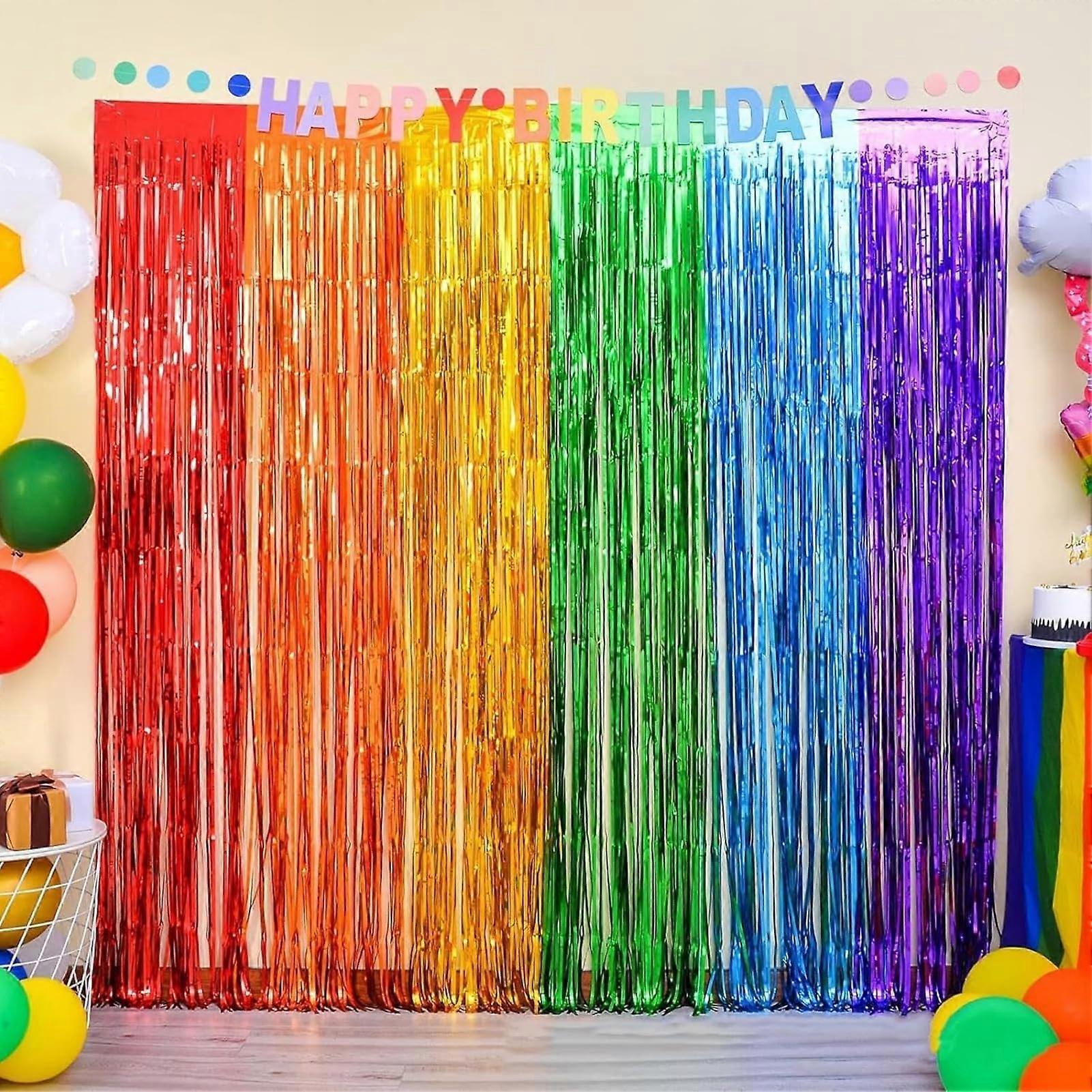 Rainbow Decorative Fringe Curtains Set of 2 - Colorful Foil Tinsel Party Background Decorations for Carnival and Fancy Dress Events