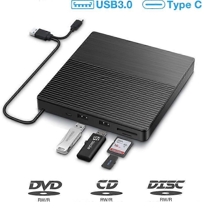 Type C & USB 3.0 Portable CD/DVD +/-RW Burner Reader Player Rewriter with SD TF Card Reader and USB Flash Drive Port