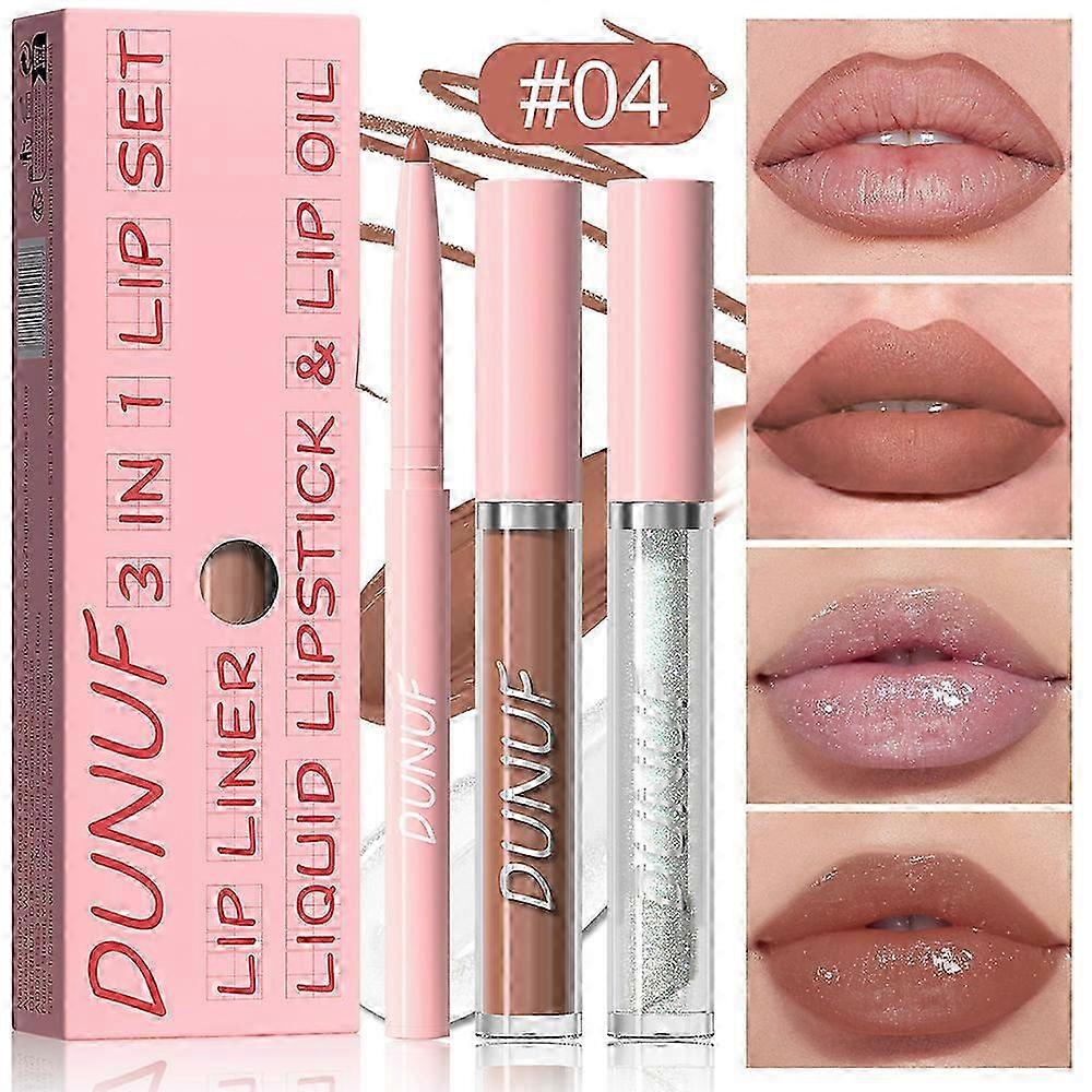 3-in-1 Lipgloss Set, Nude Pink Lipliner Long Lasting Waterproof Lip Stick Non-fading Full-Coverage H