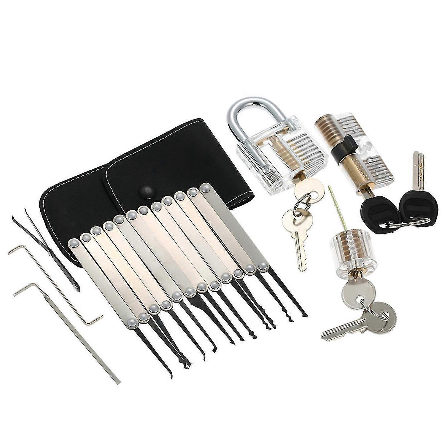 15pcs Lock Picking Set Kit Tool with Three Transparent Practice Training Padlock Lock for Locksmith Beginners and Professional