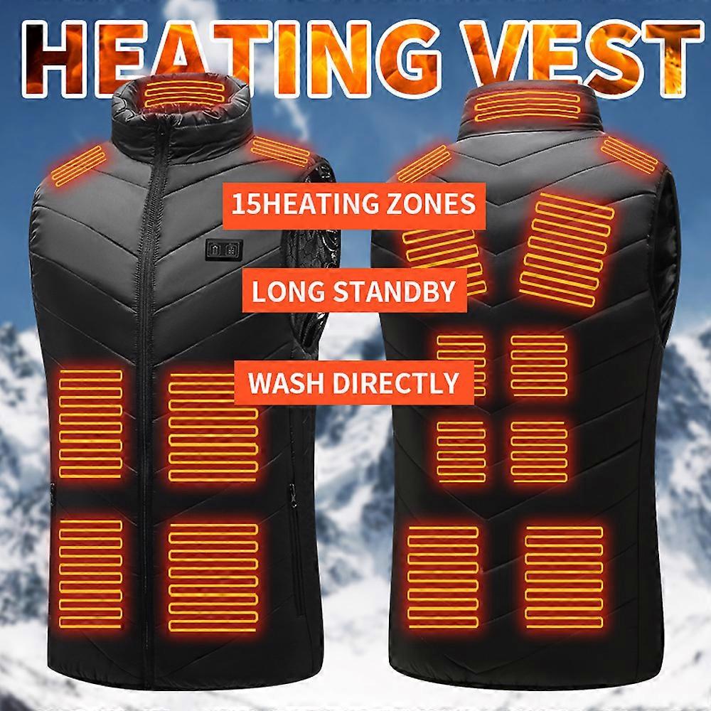 Gilet chauffant pour hommes femmes, 15 zones, noir, taille S-6XL, alimenté par USB