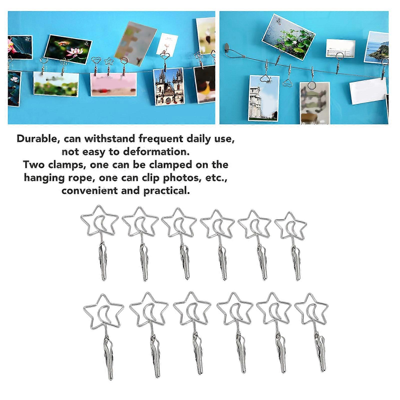 12pcs 2.8in Double Headed Memo Clip Metal Card Holder Wire Photo Clamp for Hanging Photo Display Star and Moon Shape
