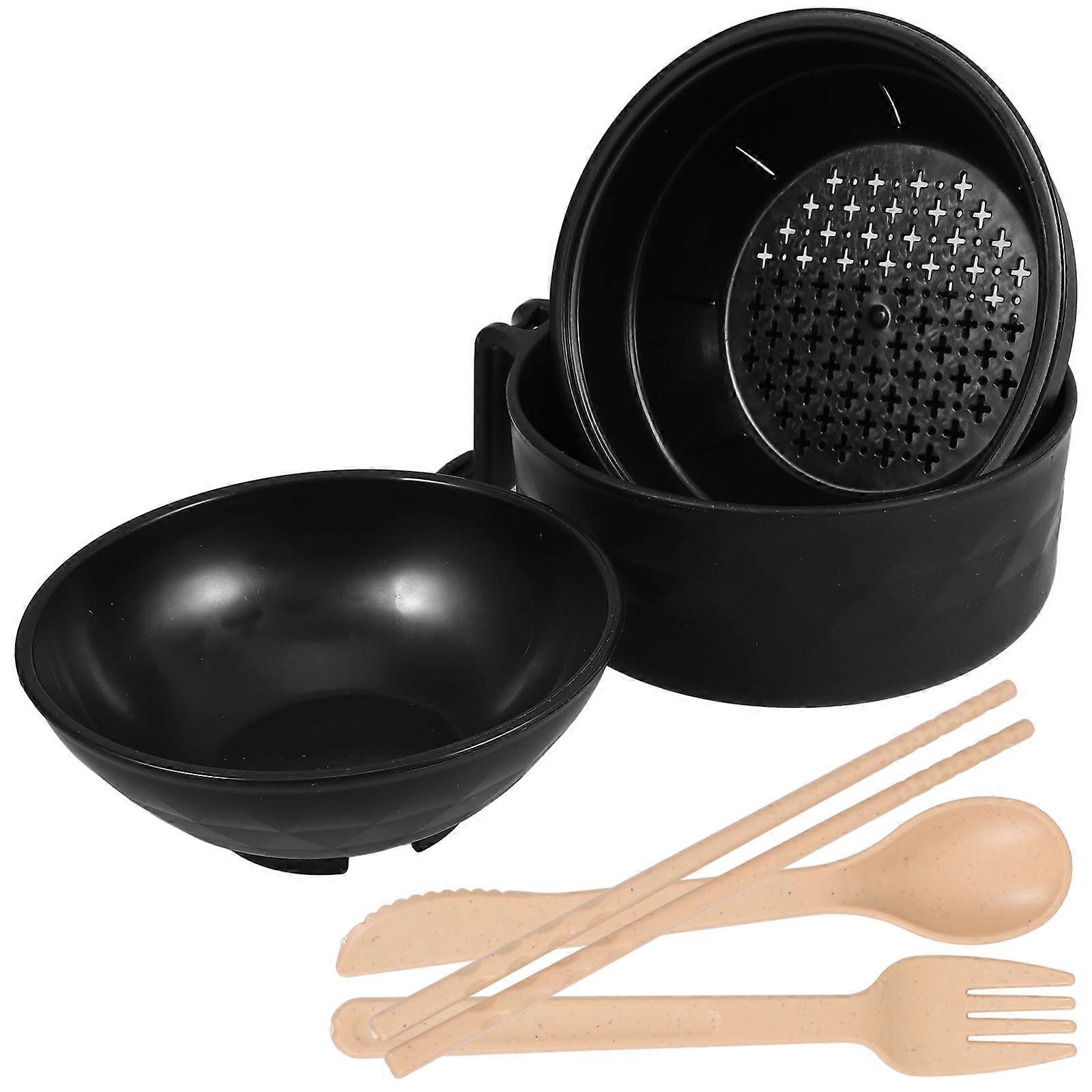 Black Straw Rice Bowl Set with Cover and Tableware for Daily Use Compact Food Bowl 1 Piece Design