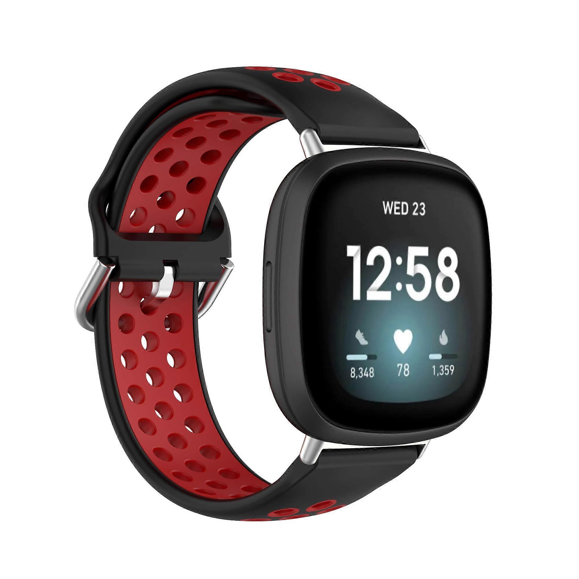 Silicone strap is suitable for Fitbit Versa 4/Versa 3, and metal buckle silicone strap is suitable for Fitbit Sense 2/Sense. Black/Red.